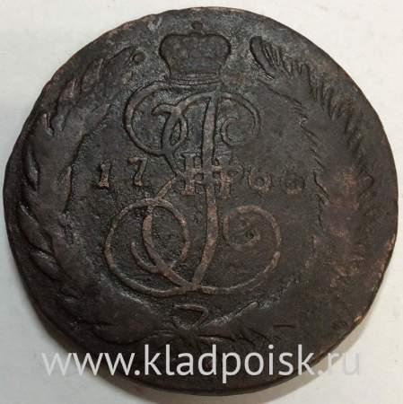 Монета 5 копеек Российской Империи 1766 СПМ, перечекан Монета 5 копеек Российской Империи 1766 СПМ, перечекан