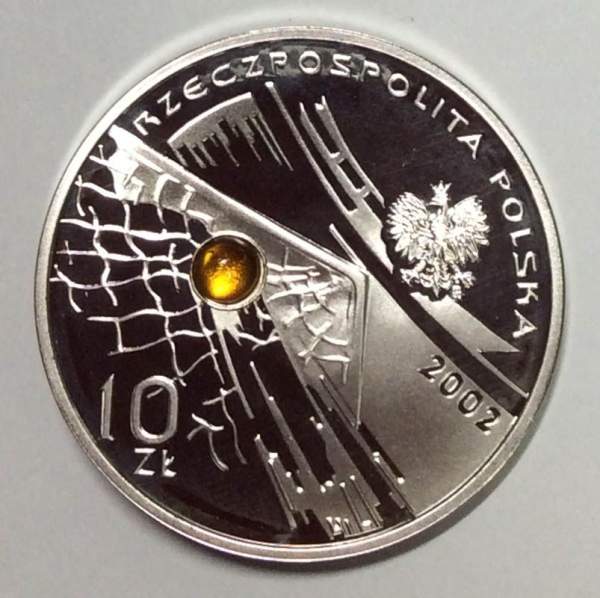 Монета Польша 10 злотых ЧМ по футболу Япония - Корея Серебро 925, янтарь, 2002