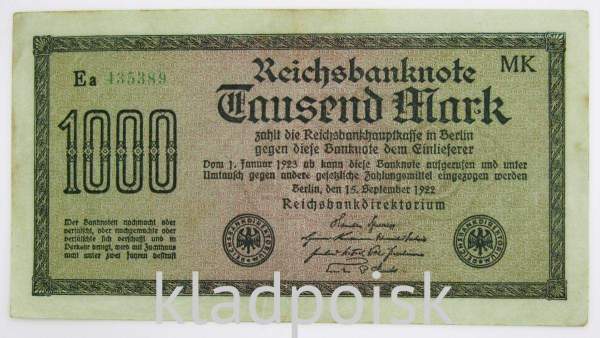 Банкнота 1000 марок 1922 года - Веймарская Республика Банкнота 1000 марок 1922 года - Веймарская Республика