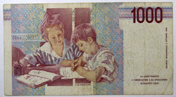 Банкнота 1000 лир 1990 года Италия, арт 2