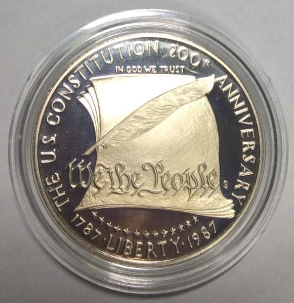 Монета 1 доллар США 1987 года, 200 лет Конституции США, Серебро 900 пробы, пруф Монета 1 доллар США 1987 года, 200 лет Конституции США, Серебро 900 пробы, пруф