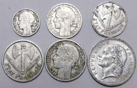 Набор из 6 регулярных монет Франции 1941-1959 года
