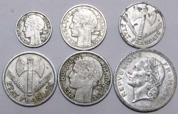 Набор из 6 регулярных монет Франции 1941-1959 года