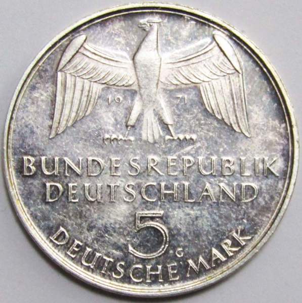 Монета 5 марок 1971 года 100 лет объединению Германии в 1871 году Монета 5 марок 1971 года 100 лет объединению Германии в 1871 году