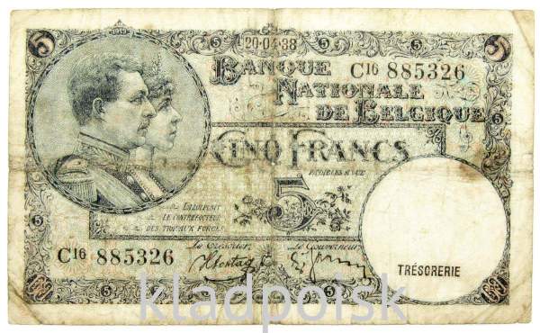 Банкнота 5 франков 1938 года Бельгия