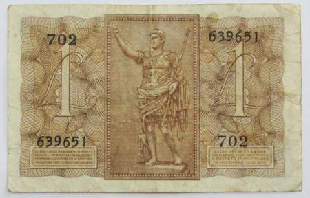 Банкнота 1 лира 1939 года Италия