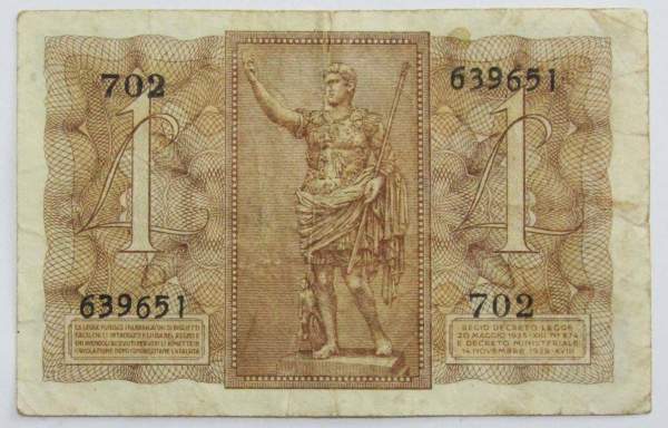 Банкнота 1 лира 1939 года Италия Банкнота 1 лира 1939 года Италия