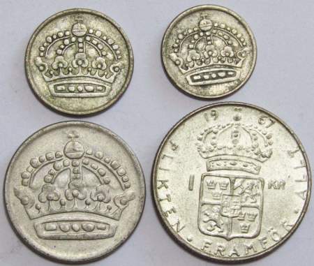 Набор монет Швеции 1952-1968 гг., 4 монеты, Густав VI Адольф