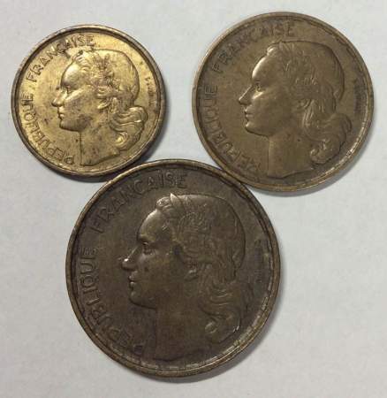 Набор из 3 регулярных монет Франции 1950-1959 года