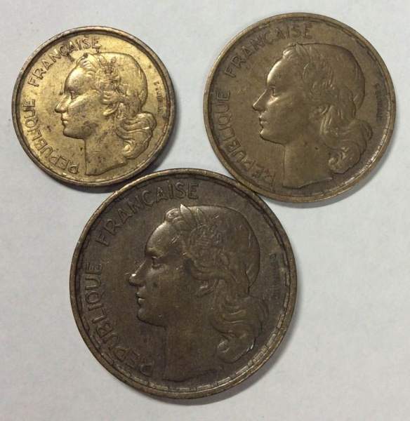 Набор из 3 регулярных монет Франции 1950-1959 года
