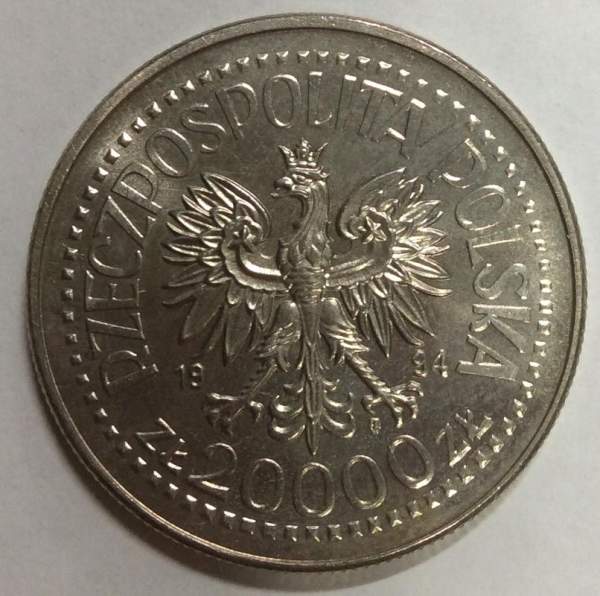 Монета 20000 злотых Польша, серии «Короли Польши» Зигмунт I Старый, 1994