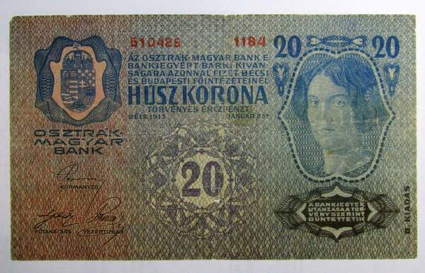 Банкнота 20 крон 1913 года Австрия, с надпечаткой, арт 2