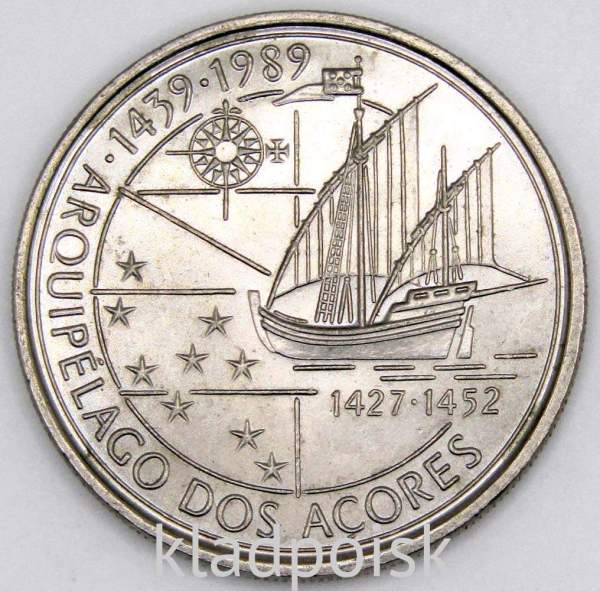 Монета 100 эскудо 1989 года, Открытие Азорских островов «Золотой век открытий», Португалия