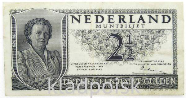 Банкнота 2 1/2 гульдена 1949 года Нидерланды Банкнота 2 1/2 гульдена 1949 года Нидерланды