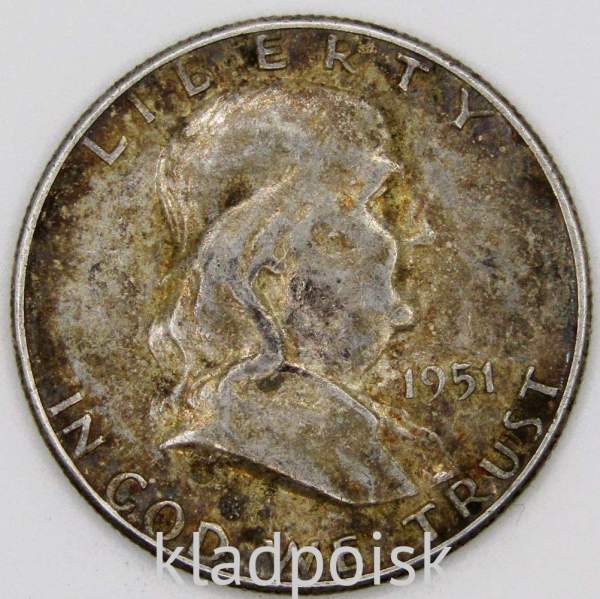 Монета 50 центов США Франклин, 1951 Серебро 900 пробы Монета 50 центов США Франклин, 1951 Серебро 900 пробы