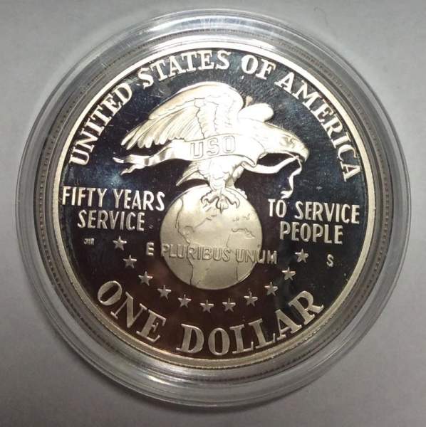 Монета 1 доллар США 1991 года, 50 лет объединённым организациям обслуживания USO, Серебро 900 пробы, пруф