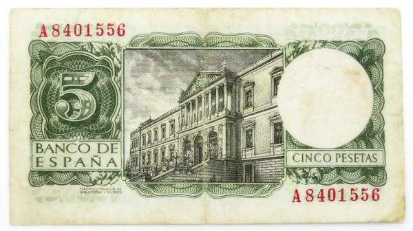 Банкнота 5 песет 1954 года Испания Банкнота 5 песет 1954 года Испания