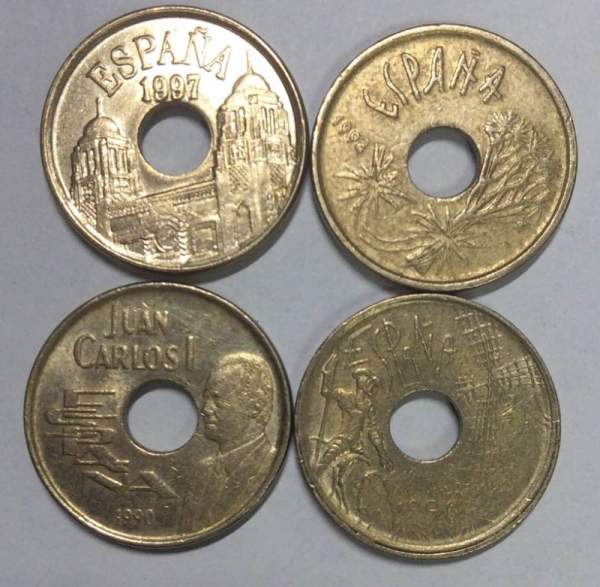Набор монет Испании 1990-1997 гг., 4 монеты номиналом 25 песет