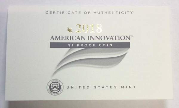 Монета 1 доллар США Первый патент серии Американские инновации и новаторы (2018) S, PROOF, футляр, сертификат