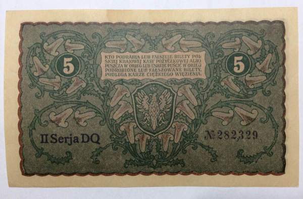 Банкнота 5 марок польских 1919 года Польша