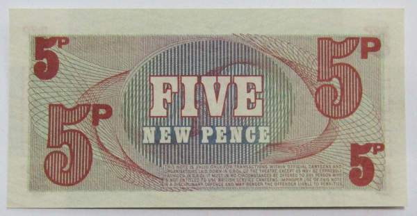 Банкнота Специальный ваучер 5 новых пенсов 1972 года - Вооруженные силы Великобритании, арт 3