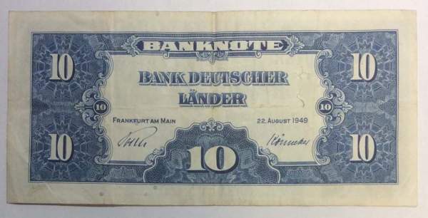 Банкнота 10 марок ФРГ 1949 года Банкнота 10 марок ФРГ 1949 года