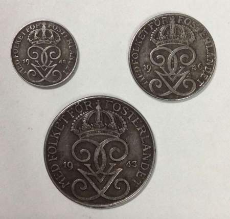 Набор монет Швеции 1936-1950 гг., 3 монеты, Густав V