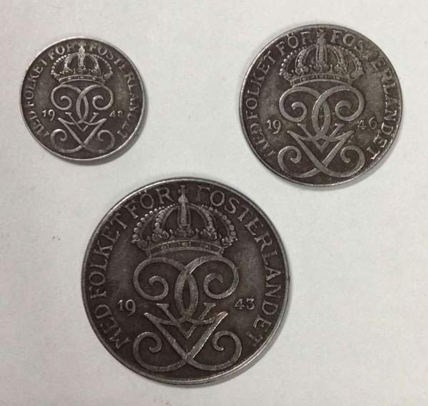 Набор монет Швеции 1936-1950 гг., 3 монеты, Густав V