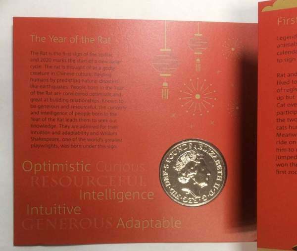Памятная монета 5 фунтов Великобритании в буклете 2020 год крысы