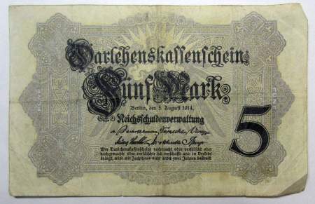 Банкнота 5 марок 1914 года Германия, арт 2