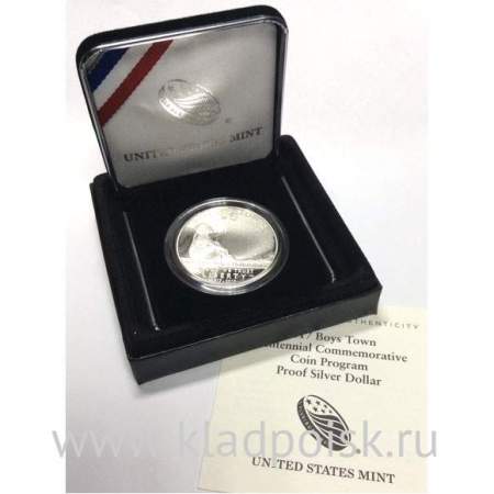 Монета 1 доллар США Приют «Город мальчиков» (Boys Town) 2017 с сертификатом, в бархатном футляре и картонной коробке, Proof