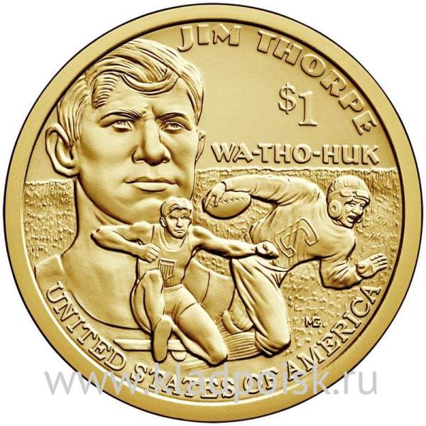 Монета 1 доллар Сакагавея «Футболист, легкоатлет Джим Торп», D
