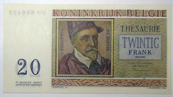 Банкнота 20 франков 1956 года Бельгия, арт 2 Банкнота 20 франков 1956 года Бельгия, арт 2