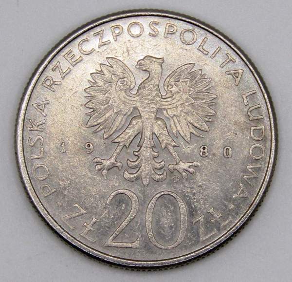 Монета 20 злотых Польша, 50 лет яхте Дар Поморья,1980