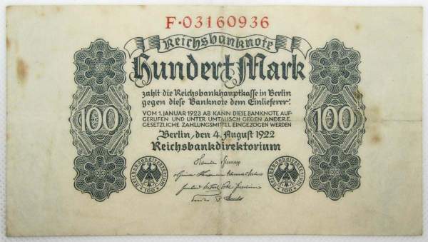 Банкнота 100 марок 1922 года - Веймарская Республика Банкнота 100 марок 1922 года - Веймарская Республика
