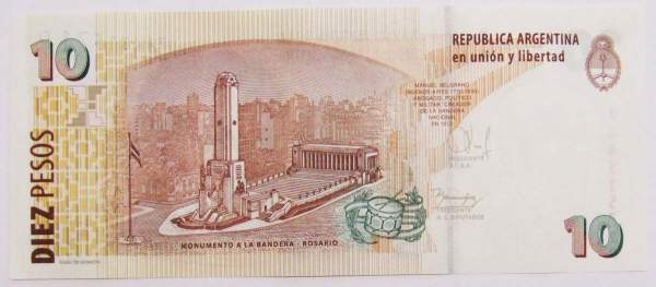 Банкнота Аргентина 10 песо 2014 года