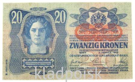 Банкнота 20 крон 1913 года Австрия, с надпечаткой