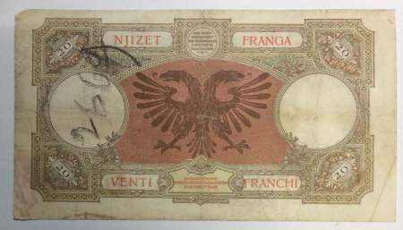 Банкнота 20 франков 1939 года Албания