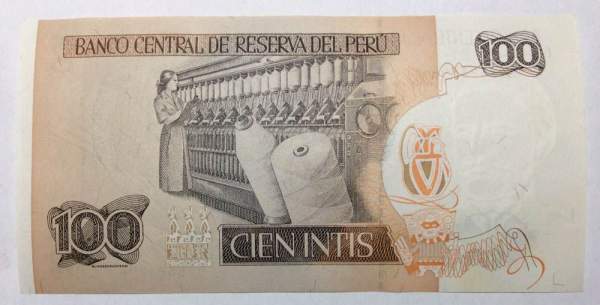 Банкнота Перу 100 инти 1987 года Банкнота Перу 100 инти 1987 года