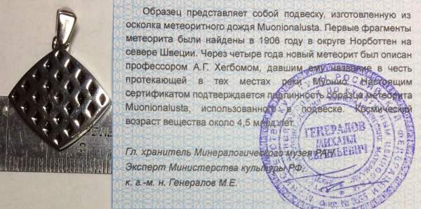 Подвеска из метеорита Муонионалуста (Muonionalusta) ромб, оправа из нержавеющей стали (арт 25)