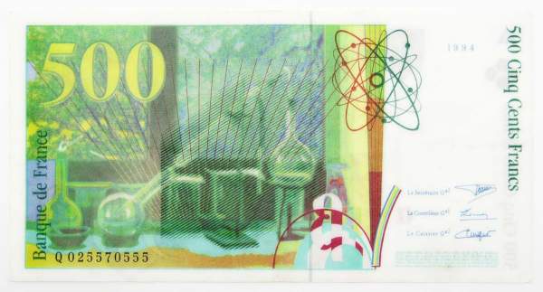 Банкнота 500 франков 1994 года Франция (Пьер и Мария Кюри), арт 2