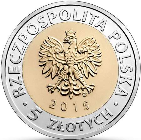 Монета 5 злотых Ратуша в Познани, Польша, 2015 г