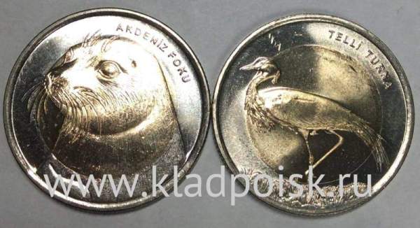 Набор монет 1 лира Турция – Тюлень-Монах, Журавль красавка, 2013