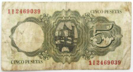 Банкнота 5 песет 1951 года Испания