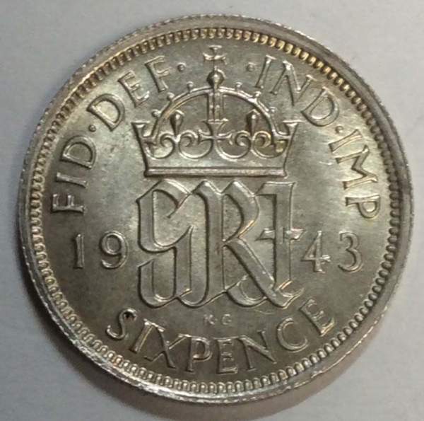 Монета 6 пенсов 1943 года Великобритания Монета 6 пенсов 1943 года Великобритания