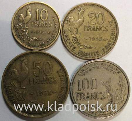 Набор из 4 регулярных монет Франции 1950-1959 года