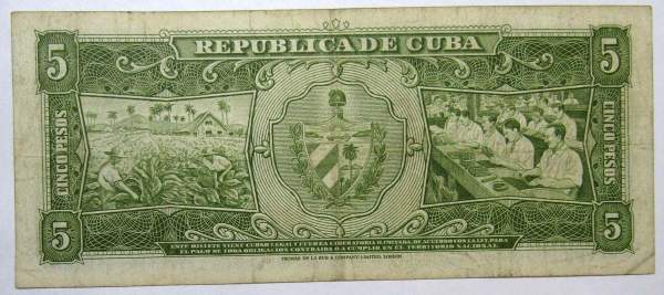 Банкнота 5 песо 1958 года Куба Банкнота 5 песо 1958 года Куба