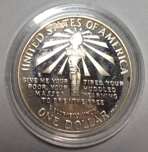 Монета 1 доллар США 1986 года, 100 лет Статуе Свободы, Серебро 900 пробы, пруф