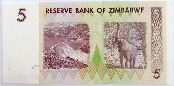 Банкнота Зимбабве 5 долларов 2007 года, арт 2