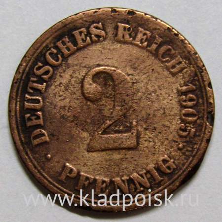 Монета 2 пфеннига Германия 1905